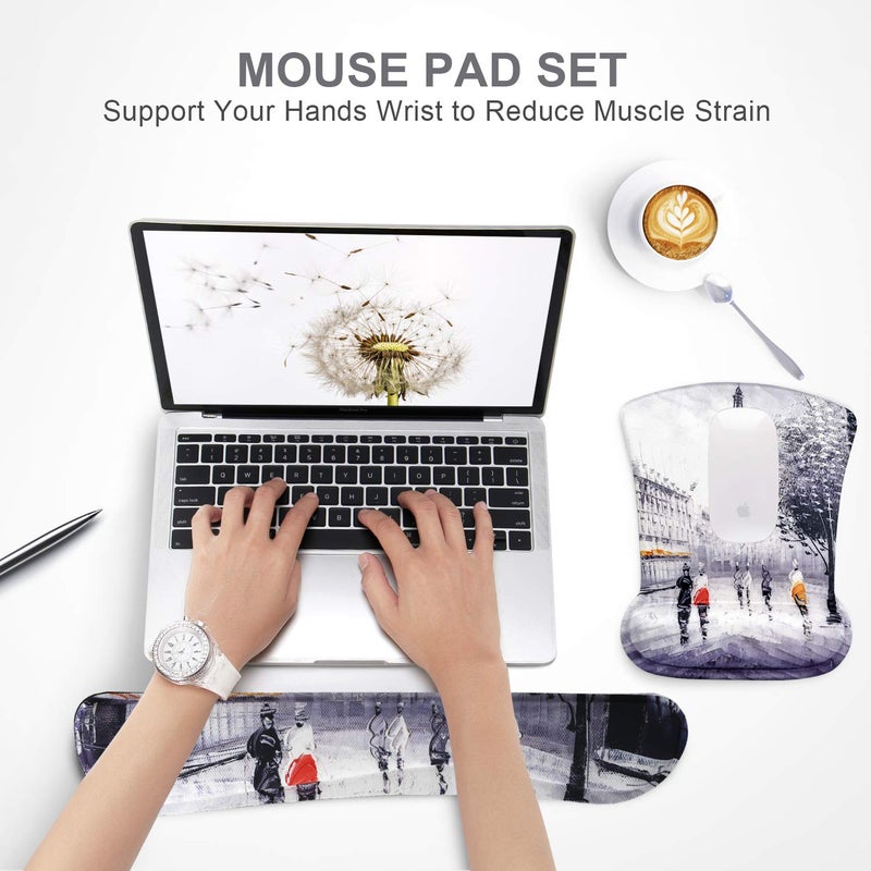 iVeze Mouse Pad with Wrist Support and Keyboard Wrist Rest Pad Set,Ergonomic Mouse Pads for Computers Laptop,Non-Slip Comfortable Mousepad w/Raised Memory Foam for Easy Typing Pain Relief (Eiffel Tower) - Image 2
